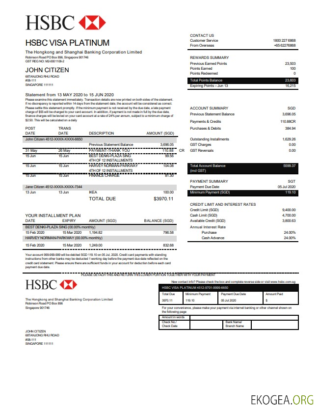 Modèle de relevé de carte de crédit Visa Platinum de la banque HSBC de Hong Kong au format Word et PDF